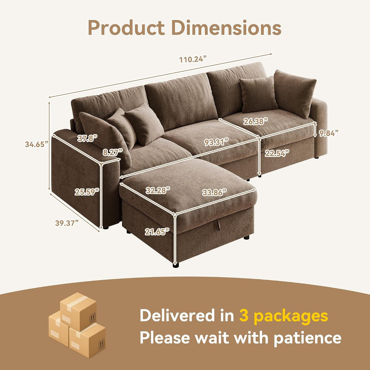 WorthFurni 110” Cloud Sectional Couches for Living Room, Modular Sectional Sofa with Deep Seat, Convertible L-Shape Couch with Storage Ottoman for Bedroom Apartment, Chenille (Brown)