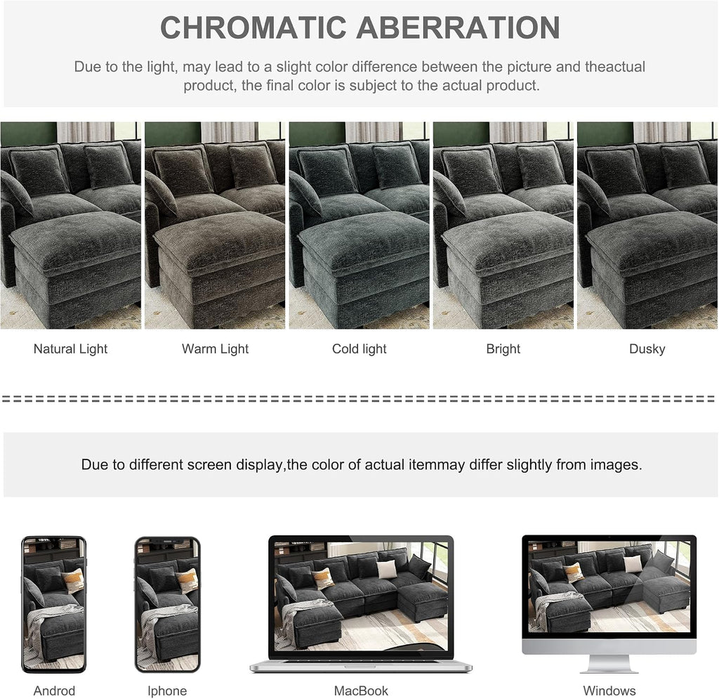 Hanherry 107" Cloud Couch Sectional Modular Sofa, Deep Seat Couches with Ottoman and Removable Washable Pillows for Living Room, Bedroom, Apartment, Black