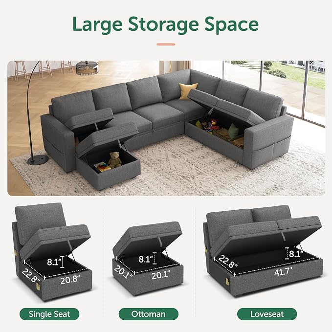 HONBAY Sectional Sleeper Sofa with Pull Out Bed, U Shaped Couch with Storage, Modular Sectional Couches for Living Room, Dark Grey