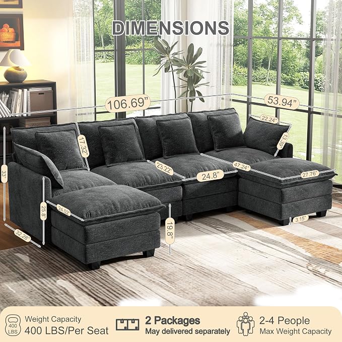 Hanherry 107" Cloud Couch Sectional Modular Sofa, Deep Seat Couches with Ottoman and Removable Washable Pillows for Living Room, Bedroom, Apartment, Black
