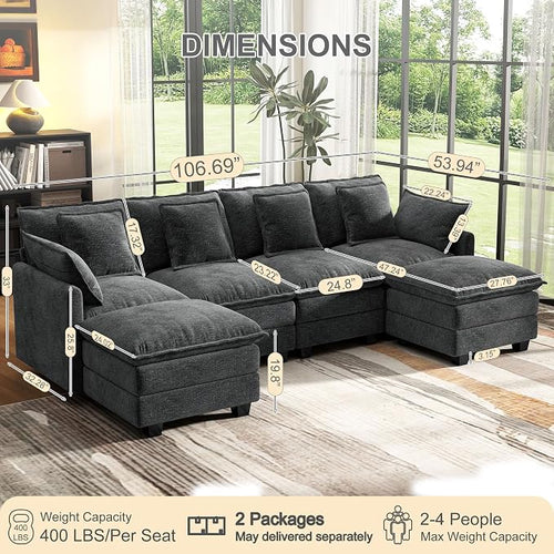 Hanherry 107" Cloud Couch Sectional Modular Sofa, Deep Seat Couches with Ottoman and Removable Washable Pillows for Living Room, Bedroom, Apartment, Black