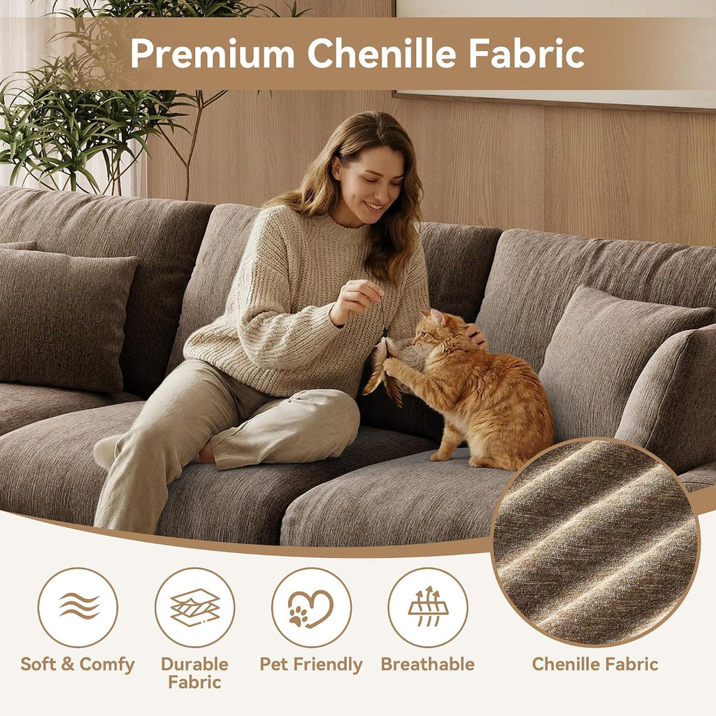 WorthFurni 110” Cloud Sectional Couches for Living Room, Modular Sectional Sofa with Deep Seat, Convertible L-Shape Couch with Storage Ottoman for Bedroom Apartment, Chenille (Brown)