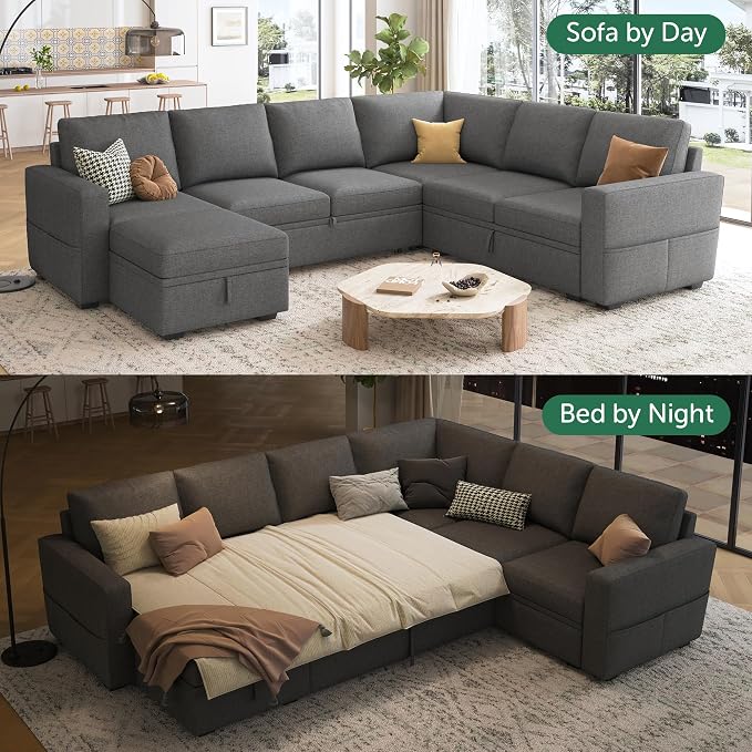 HONBAY Sectional Sleeper Sofa with Pull Out Bed, U Shaped Couch with Storage, Modular Sectional Couches for Living Room, Dark Grey