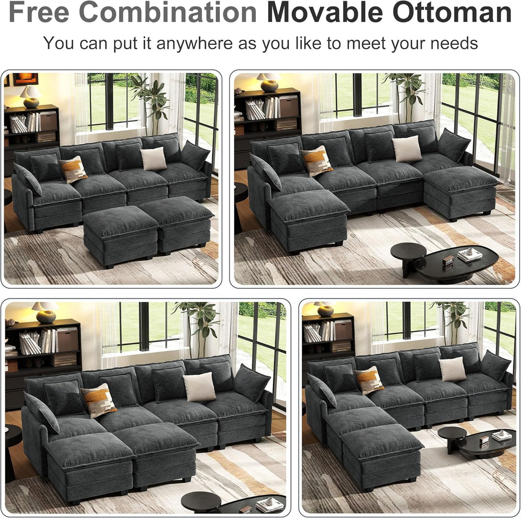 Hanherry 107" Cloud Couch Sectional Modular Sofa, Deep Seat Couches with Ottoman and Removable Washable Pillows for Living Room, Bedroom, Apartment, Black