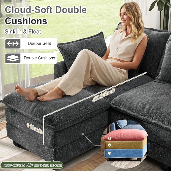 Hanherry 107" Cloud Couch Sectional Modular Sofa, Deep Seat Couches with Ottoman and Removable Washable Pillows for Living Room, Bedroom, Apartment, Black