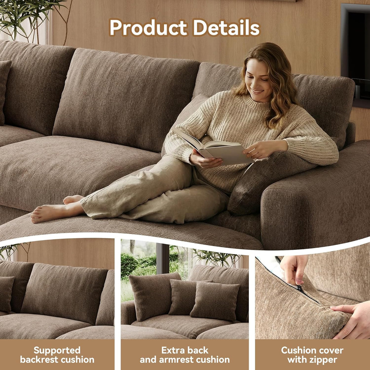 WorthFurni 110” Cloud Sectional Couches for Living Room, Modular Sectional Sofa with Deep Seat, Convertible L-Shape Couch with Storage Ottoman for Bedroom Apartment, Chenille (Brown)
