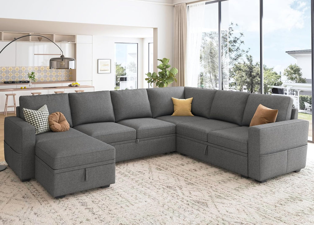 HONBAY Sectional Sleeper Sofa with Pull Out Bed, U Shaped Couch with Storage, Modular Sectional Couches for Living Room, Dark Grey