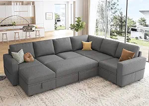 HONBAY Sectional Sleeper Sofa with Pull Out Bed, U Shaped Couch with Storage, Modular Sectional Couches for Living Room, Dark Grey