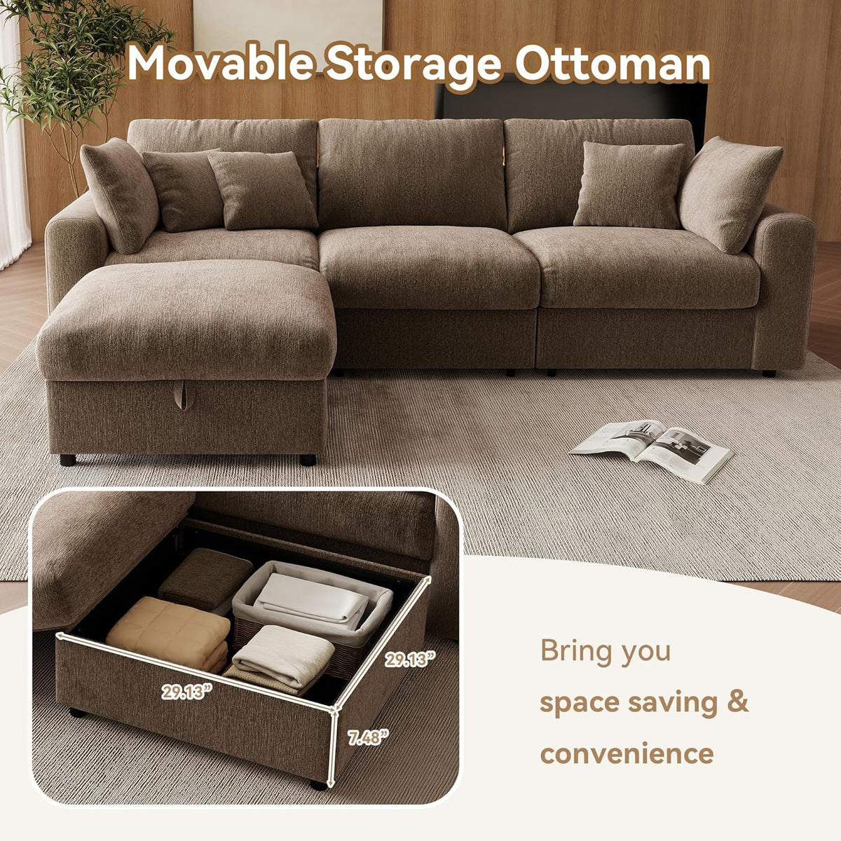 WorthFurni 110” Cloud Sectional Couches for Living Room, Modular Sectional Sofa with Deep Seat, Convertible L-Shape Couch with Storage Ottoman for Bedroom Apartment, Chenille (Brown)