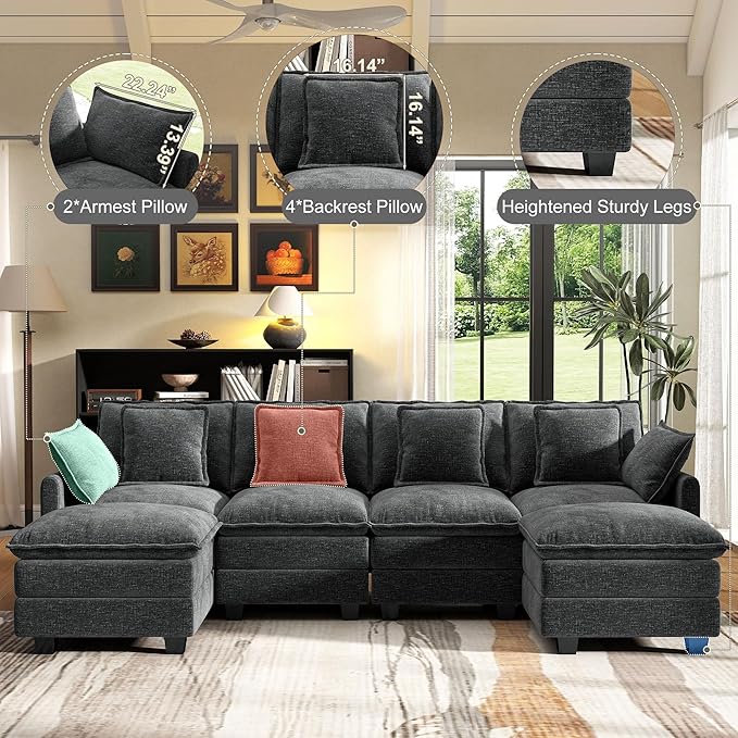 Hanherry 107" Cloud Couch Sectional Modular Sofa, Deep Seat Couches with Ottoman and Removable Washable Pillows for Living Room, Bedroom, Apartment, Black
