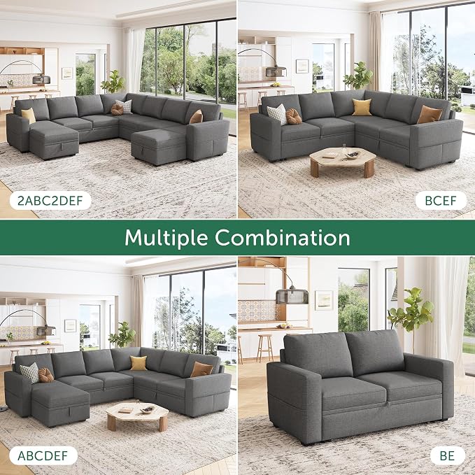 HONBAY Sectional Sleeper Sofa with Pull Out Bed, U Shaped Couch with Storage, Modular Sectional Couches for Living Room, Dark Grey