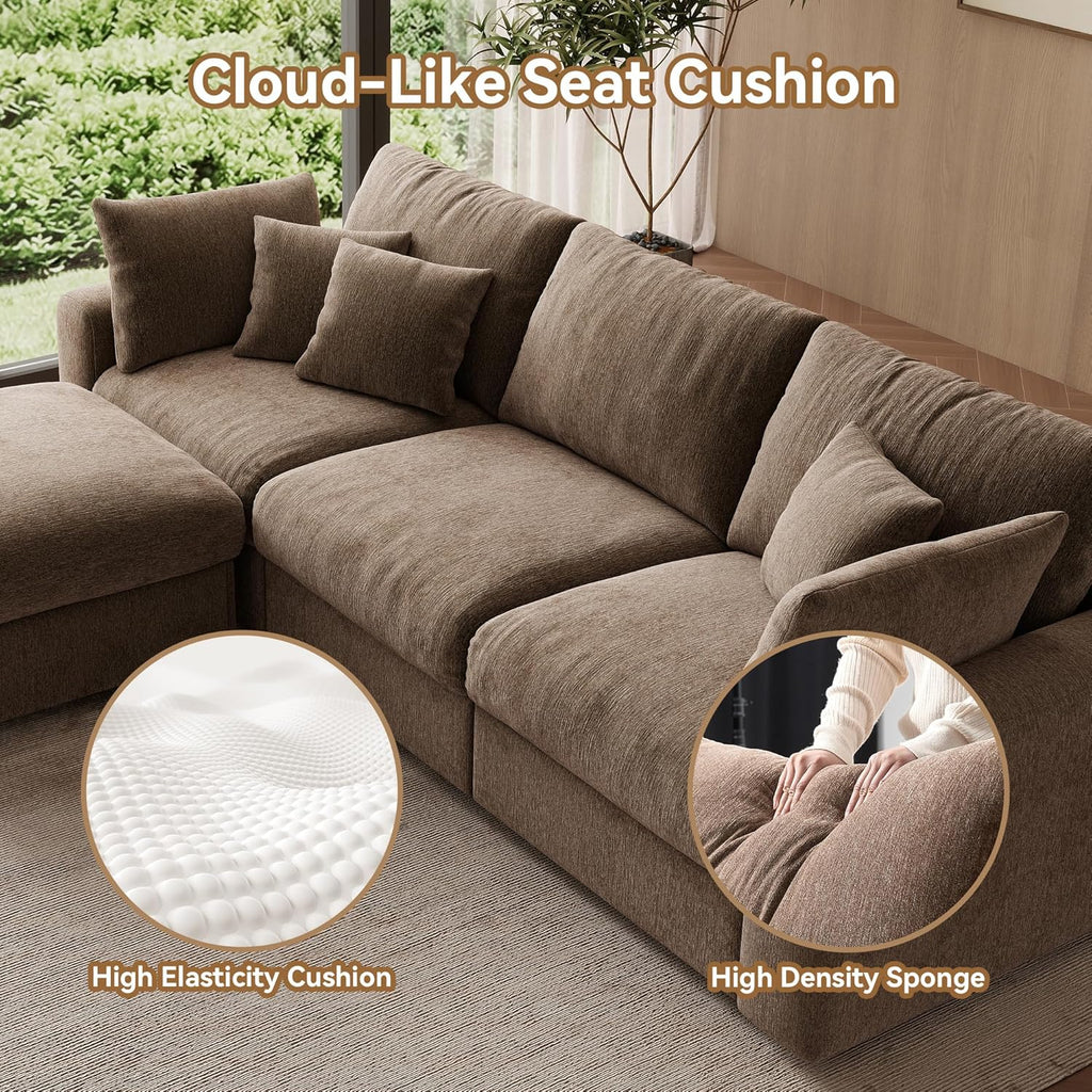 WorthFurni 110” Cloud Sectional Couches for Living Room, Modular Sectional Sofa with Deep Seat, Convertible L-Shape Couch with Storage Ottoman for Bedroom Apartment, Chenille (Brown)
