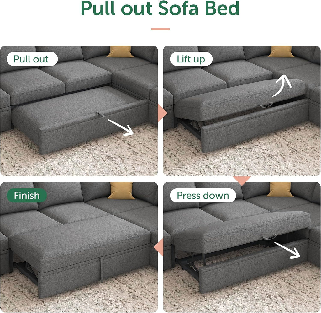 HONBAY Sectional Sleeper Sofa with Pull Out Bed, U Shaped Couch with Storage, Modular Sectional Couches for Living Room, Dark Grey