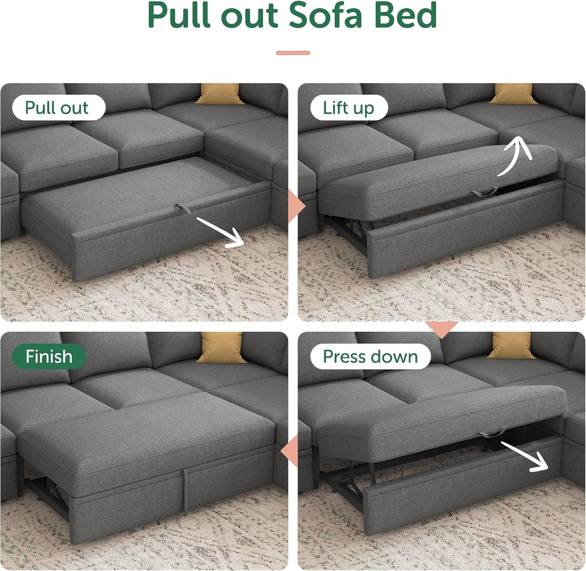 HONBAY Sectional Sleeper Sofa with Pull Out Bed, U Shaped Couch with Storage, Modular Sectional Couches for Living Room, Dark Grey