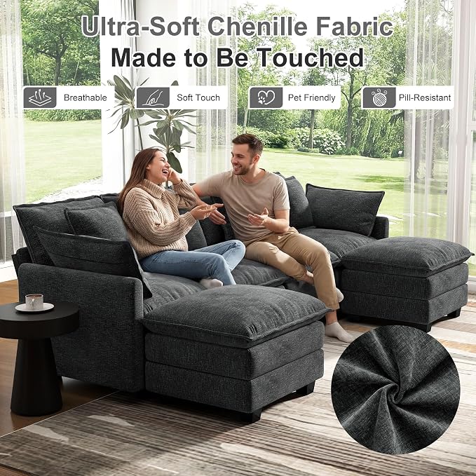 Hanherry 107" Cloud Couch Sectional Modular Sofa, Deep Seat Couches with Ottoman and Removable Washable Pillows for Living Room, Bedroom, Apartment, Black