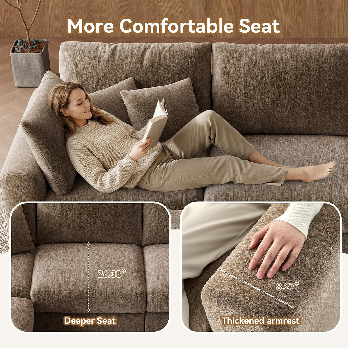 WorthFurni 110” Cloud Sectional Couches for Living Room, Modular Sectional Sofa with Deep Seat, Convertible L-Shape Couch with Storage Ottoman for Bedroom Apartment, Chenille (Brown)